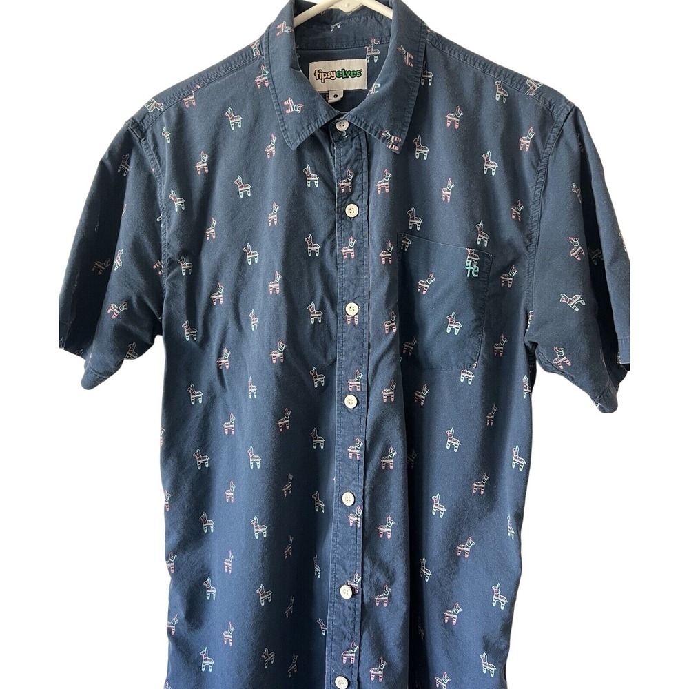 Tipsy Elves Mens Navy Blue Pinata Print Short Sleeve Button Down Shirt‎ Large